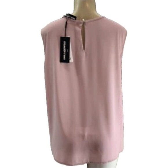 Karl Lagerfeld +2X Lilac Pink Textured Floral Neckline Pleated Sleeveless Blouse - Picture 4 of 6